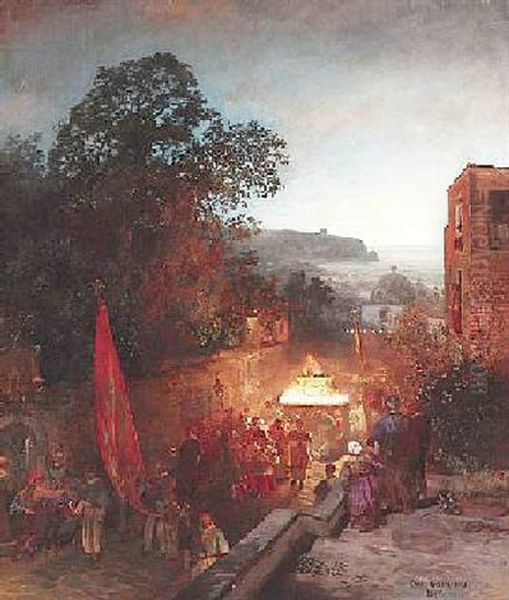 Die Prozession Der Hl. Anna Auf Capri Oil Painting by Oswald Achenbach