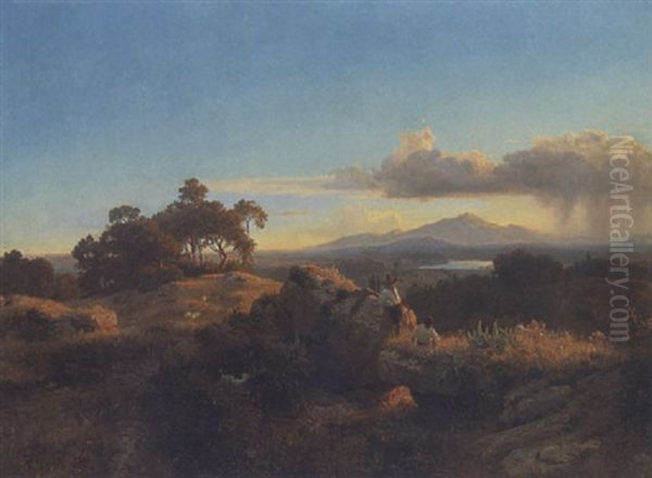 Landschaft An Einem Oberitalischen See Oil Painting by Oswald Achenbach