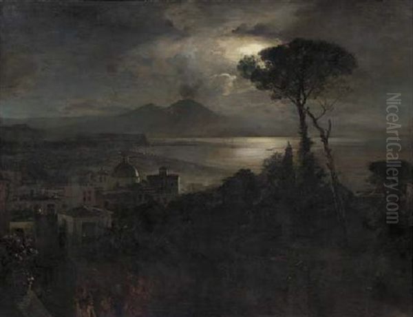 Musicians In The Streets Of Naples At Night, With The Vesuvius And Mount Somma In The Distance Oil Painting by Oswald Achenbach