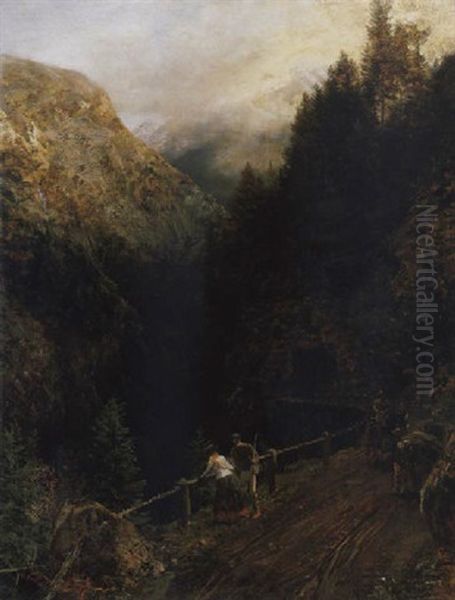 Alpenlandschaft Mit Einer Kutsche Und Einem Beladenen Esel Oil Painting by Oswald Achenbach