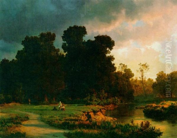 A River Landscape At Dusk Oil Painting by Oswald Achenbach