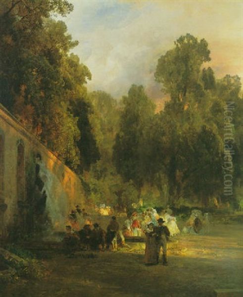 Gesellschaft Im Park Der Villa Torlonia In Frascati Oil Painting by Oswald Achenbach