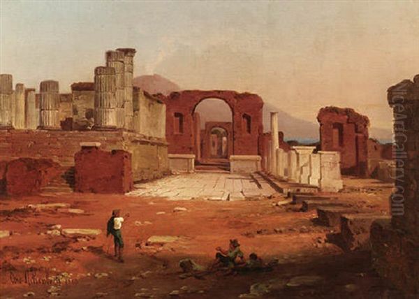 Pompeji - Partie Des Forums Mit Dem Vesuv Im Hintergrund Oil Painting by Oswald Achenbach