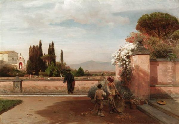 Geistlicher Und Gartner Auf Der Terrasse Von Castel Gandolfo Bei Rom Oil Painting by Oswald Achenbach