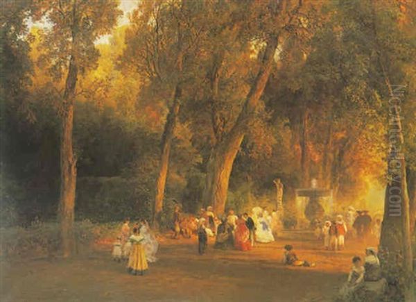 Spazierganger Im Park Oil Painting by Oswald Achenbach