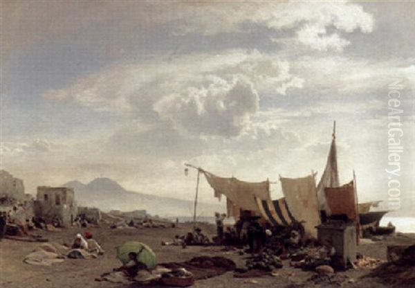 Lagernde Fischer Und Gemusehandler Am Strand Von Neapel by Oswald Achenbach