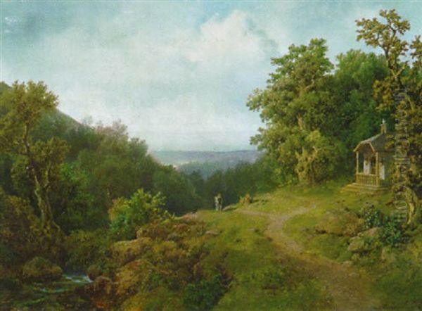 Waldlandschaft Mit Einem Bachlauf Links, Einem Wanderer Und Einer Waldkapelle Rechts Oil Painting by Oswald Achenbach