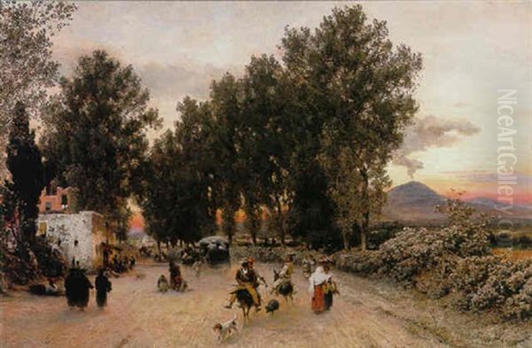 Gezicht Op Napels, Met In De Verte De Vesuvius Oil Painting by Oswald Achenbach