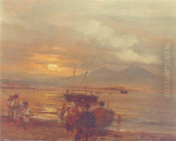 The Bay Of Naples At Sunset Oil Painting by Oswald Achenbach