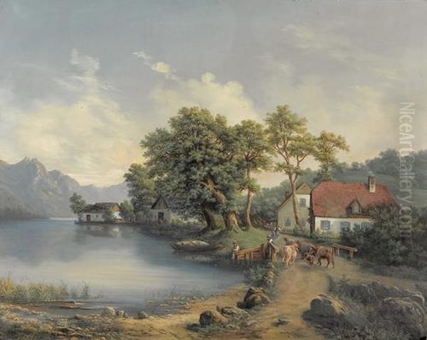 Sommerliche Landschaftspartie Mit Gehoft An Bergsee. Oil Painting by Ab Yberg Aloys