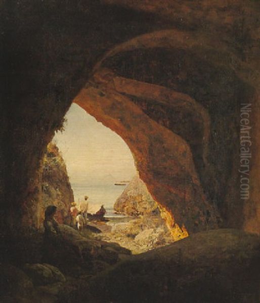 Italienische Fischer Vor Einer Grotte Oil Painting by Oswald Achenbach