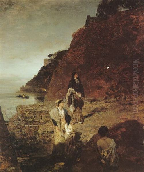 Italienische Frauen Am Ufer Bei Nacht Oil Painting by Oswald Achenbach