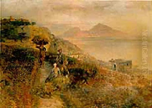 Figures On A Path Overlooking The Italian Coast Oil Painting by Oswald Achenbach