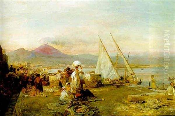 The Bay Of Naples With Vesuvius Beyond by Oswald Achenbach