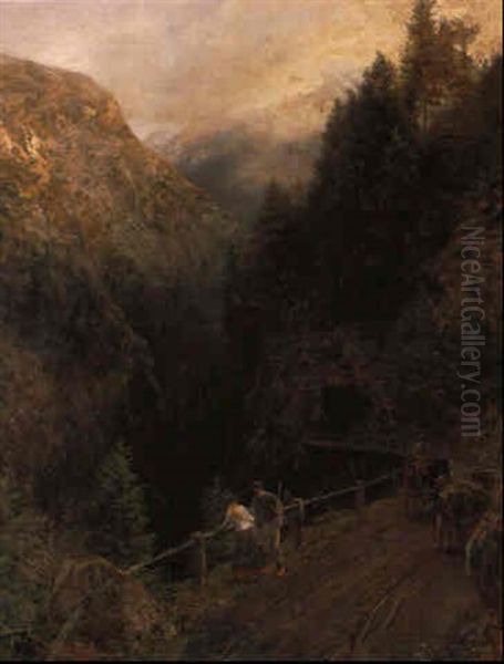 Alpenlandschaft Mit Einer Kutsche Und Einem Beladenen Esel Oil Painting by Oswald Achenbach