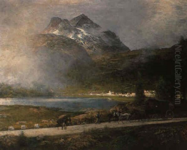 Der Julierpass Mit Dem Dorf Silvaplana Oil Painting by Oswald Achenbach