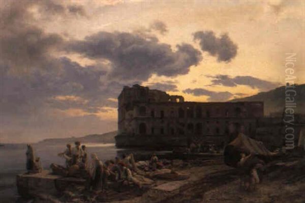 Blick Auf Den Golf Von Neapel Mit Dem Palazzo Donn'anna by Oswald Achenbach