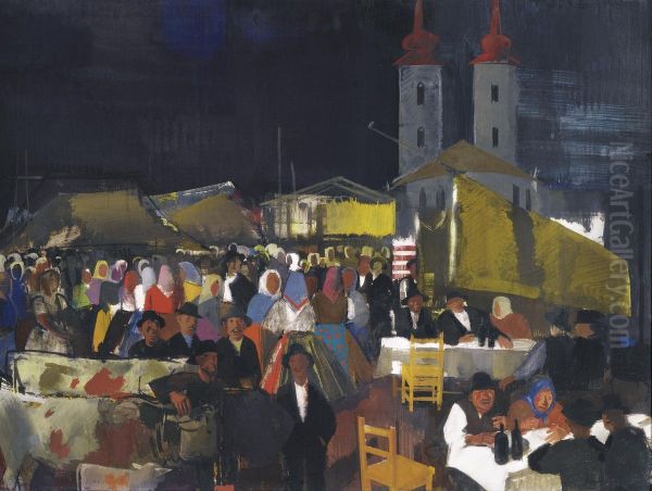 Figures In A Village Market Oil Painting by Vilmos Aba-Novak