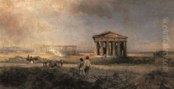 Blick Auf Die Tempel Von Paestum Oil Painting by Oswald Achenbach