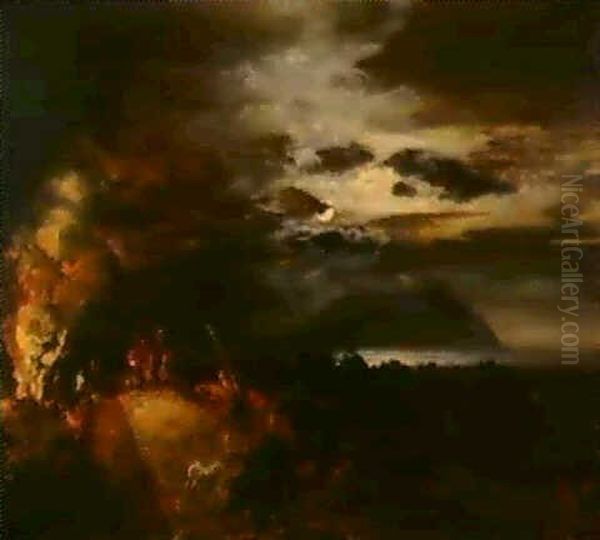 Nachtliches Feuer An Der Amalfi-kuste. Oil Painting by Oswald Achenbach