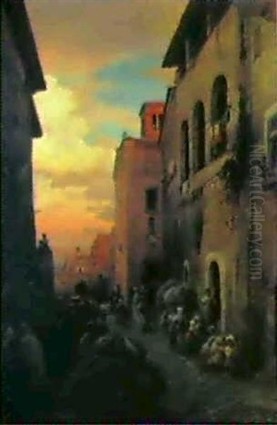 Strassenszene In Einer Suditalienischen Kleinstadt Oil Painting by Oswald Achenbach