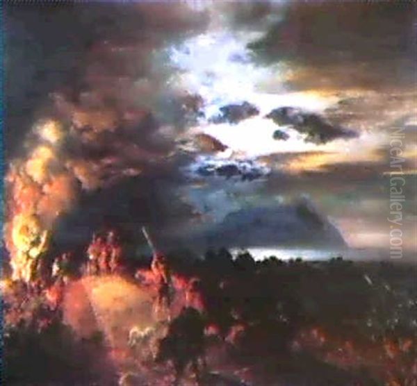 Nachtliches Feuer An Der Amalfi-kuste Oil Painting by Oswald Achenbach