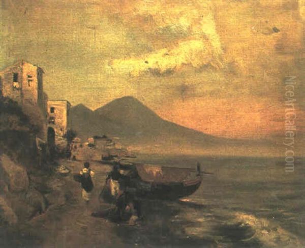 Italienische Strandlandschaft Mit Figurenstaffage Oil Painting by Oswald Achenbach