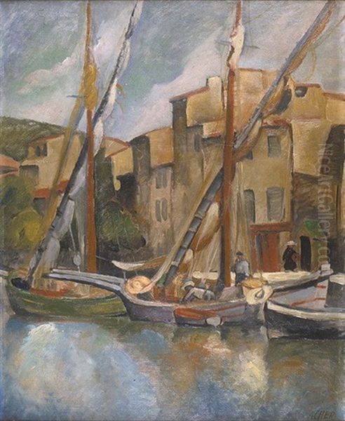 Pejzaz Z Lodziami Oil Painting by Jerzy Acher