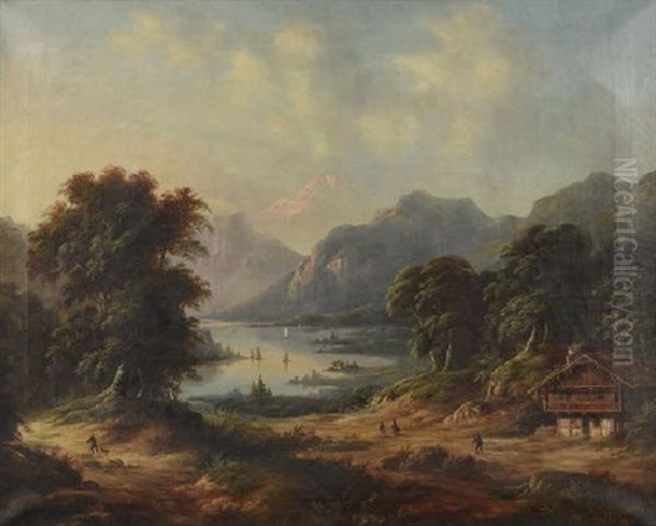 Paysage Lacustre En Suisse Oil Painting by August Achilles