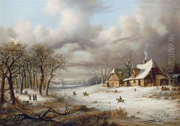 Winter Scene With Soldiers Oil Painting by August Achilles