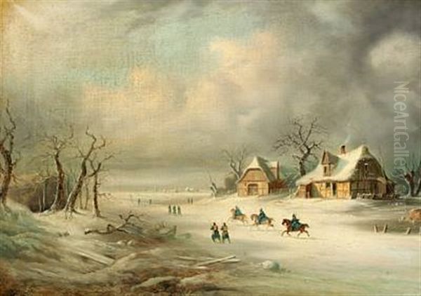 Winter Scene With Soldiers On Horseback Oil Painting by August Achilles