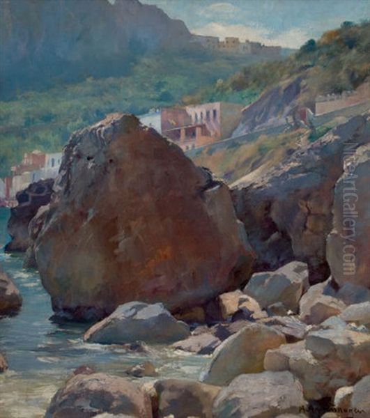 Town By Rocky Waters Oil Painting by August Achtenhagen