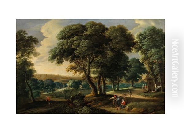 Personnages Dans Un Sous Bois & Paysage Au Pecheur Oil Painting by Lucas Achtschellinck