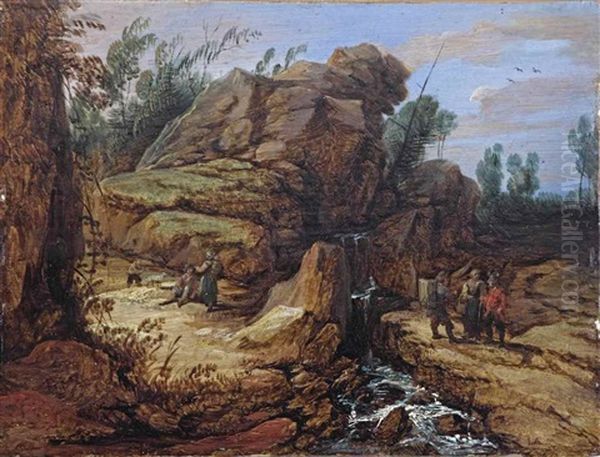 A Rocky, Mountainous Landscape With Figures Conversing Near A Waterfall Oil Painting by Lucas Achtschellinck