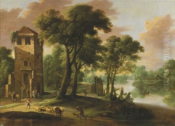 Berger Et Cavalier Pres D'une Tour Dans Un Paysage Fluvial Oil Painting by Lucas Achtschellinck