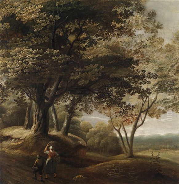 Bewaldete Landschaft Mit Wanderern Oil Painting by Lucas Achtschellinck