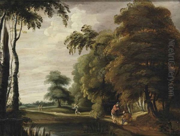 A Wooded Landscape With Travelers On A Track Near A Pond Oil Painting by Lucas Achtschellinck