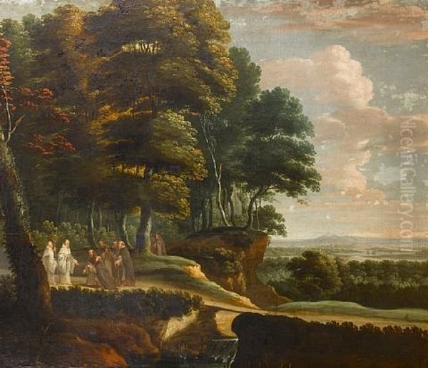 Benedictine And Franciscan Monks In A River Landscape Oil Painting by Lucas Achtschellinck