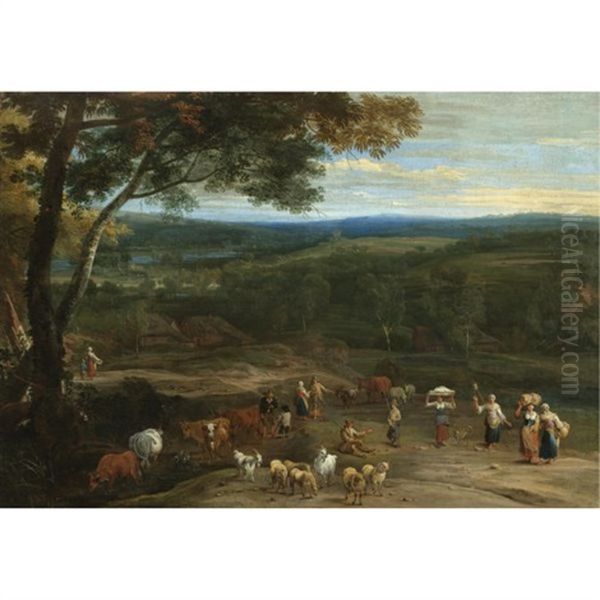 An Extensive Landscape With Figures On High Ground Passing A Herdsman Grazing His Cattle And Sheep Oil Painting by Lucas Achtschellinck