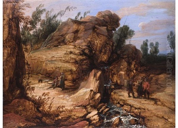 Felsige Landschaft Mit Staffagefiguren Oil Painting by Lucas Achtschellinck