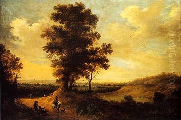 Cavalier Et Paysans Sur Un Chemin Pres D'arbres Devant Un Paysage Panoramique Oil Painting by Lucas Achtschellinck