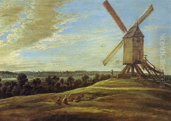 Moulin A Vent Dominant Un Paysage Panoramique Oil Painting by Lucas Achtschellinck