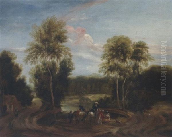 A Wooded Landscape With A Hunting Party At Halt By A Pond, With Two Women Serving Wine Oil Painting by Lucas Achtschellinck