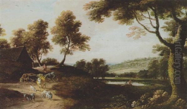 Figures And Farm Animals In A River Landscape Oil Painting by Lucas Achtschellinck