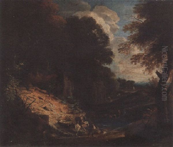 A Wooded River Landscape With Travellers On A Path, A House Beyond Oil Painting by Lucas Achtschellinck