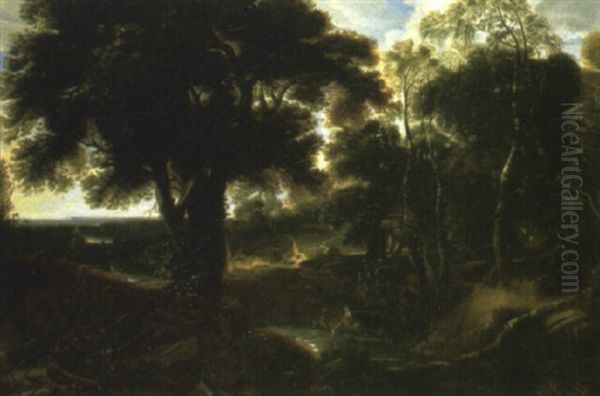 A Wooded Landscape With Peasants Watering Horses At A Stream Oil Painting by Lucas Achtschellinck