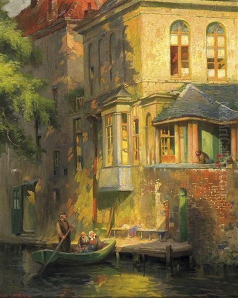 Partie In Brugge. Personen Im Ruderboot Vor Einem Haus Am Kanal Oil Painting by Florimond (Flori-Marie) van Acker