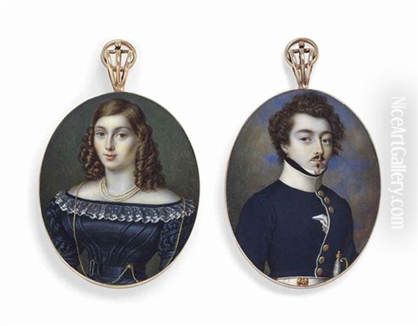 A Pair Of Miniatures: A Young Officer In White-bordered Blue Uniform With White Collar;  Together With A Young Lady, Probably His Wife, In Black Silk Dress With White Lace Collar (2 Works) Oil Painting by Johannes Baptista van Acker