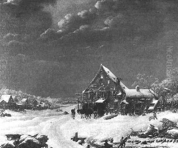 Winterliche Dorfstrase Mit Staffagen Oil Painting by Johann Adam Ackermann