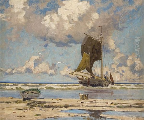 Fishing Boats At The Beach Oil Painting by Otto Ackermann